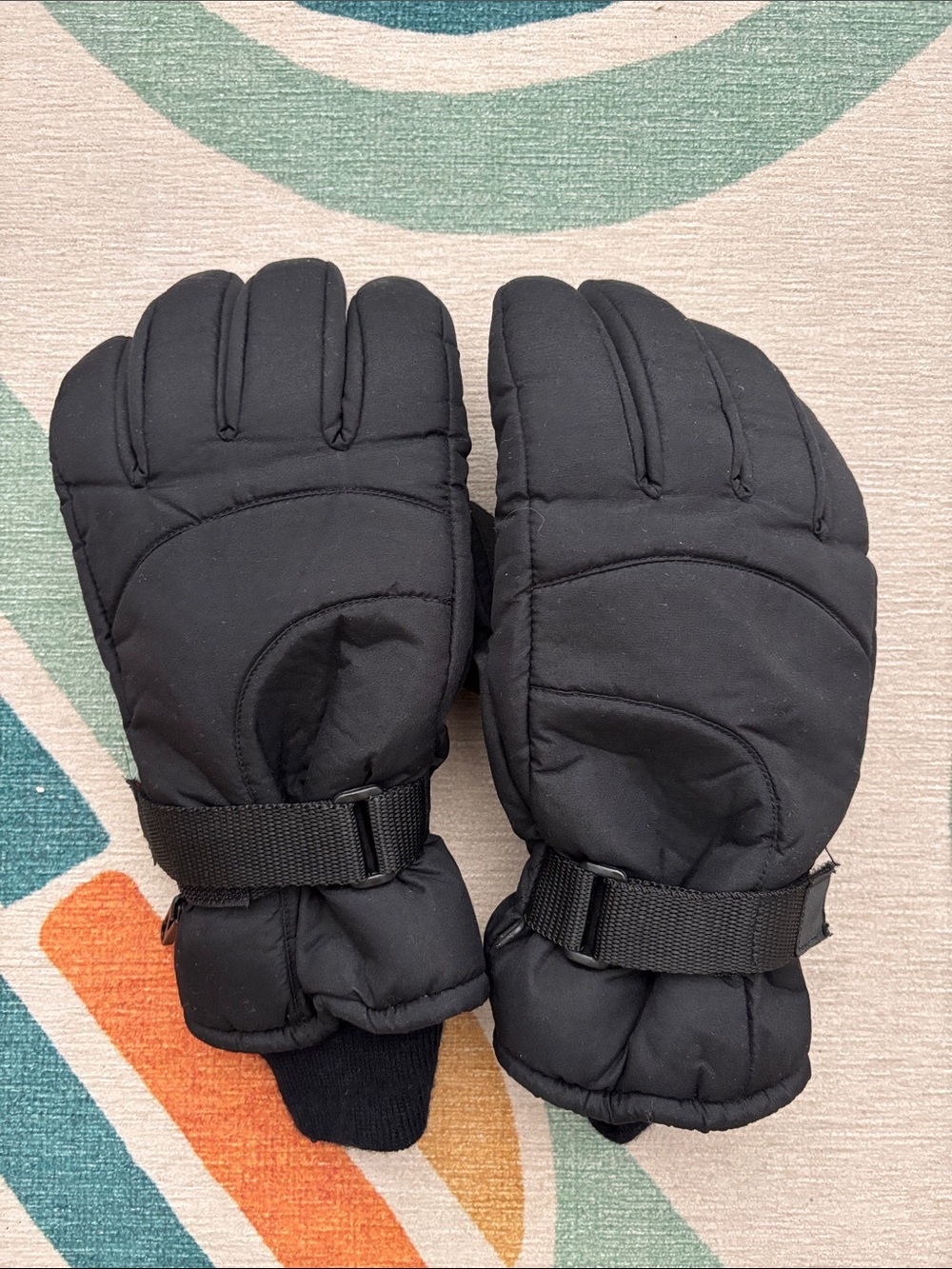 Black Padded Winter Gloves with Adjustable Straps